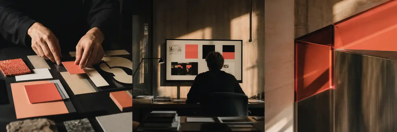 Filmová koláž kreativní práce s materiály, designérem ve studiu a korálovým objektem
